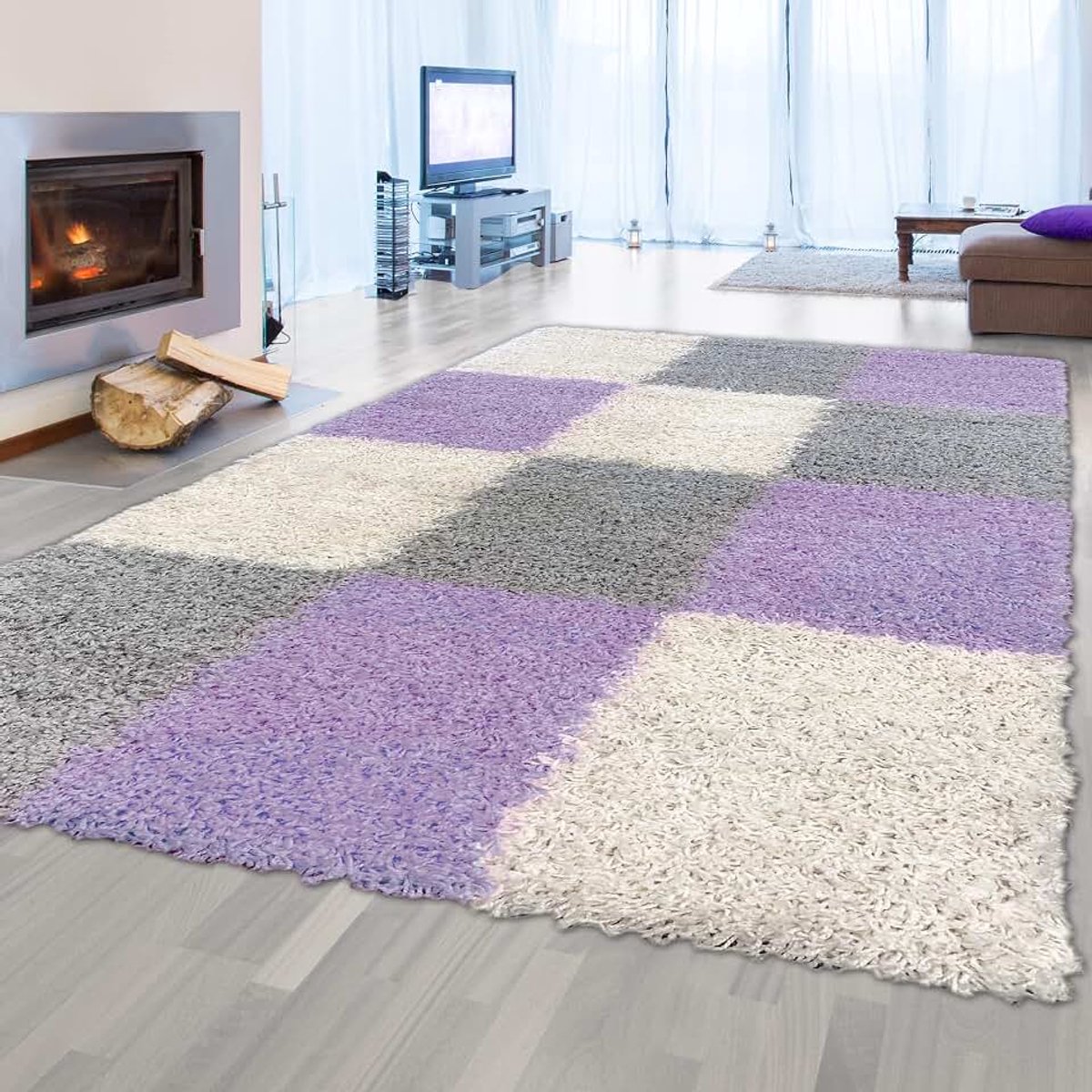 Tapijt hoogpolig patroon geruit design lila grijs crème 60x110cm