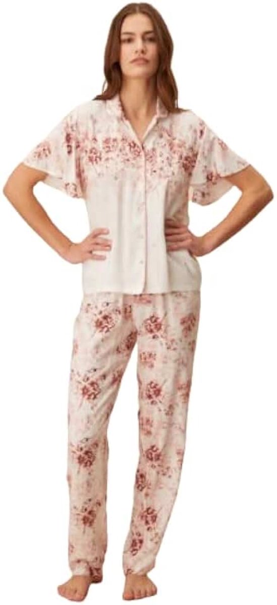 Dames Pyjama Set -Homewear -Satijn- Korte Mouwen Ecru Maat XL