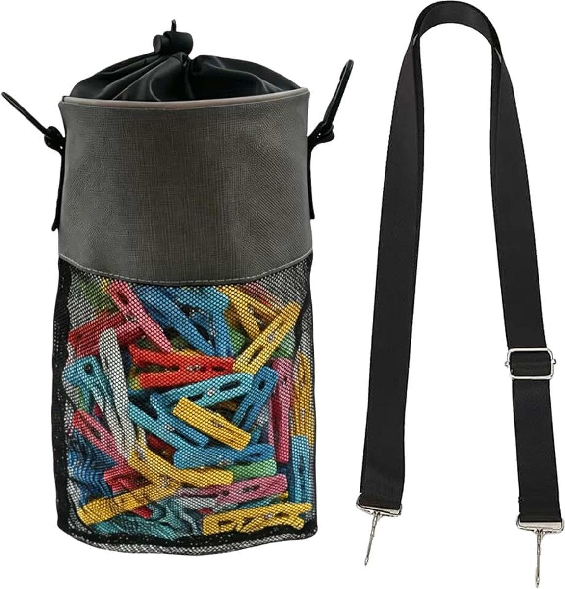 Bag voor waslijn met hanger, zwarte mesh peg tas met sluitkoord en schouderriem voor wasknijpers, indoor outdoor haringen organisator opslag gebruik