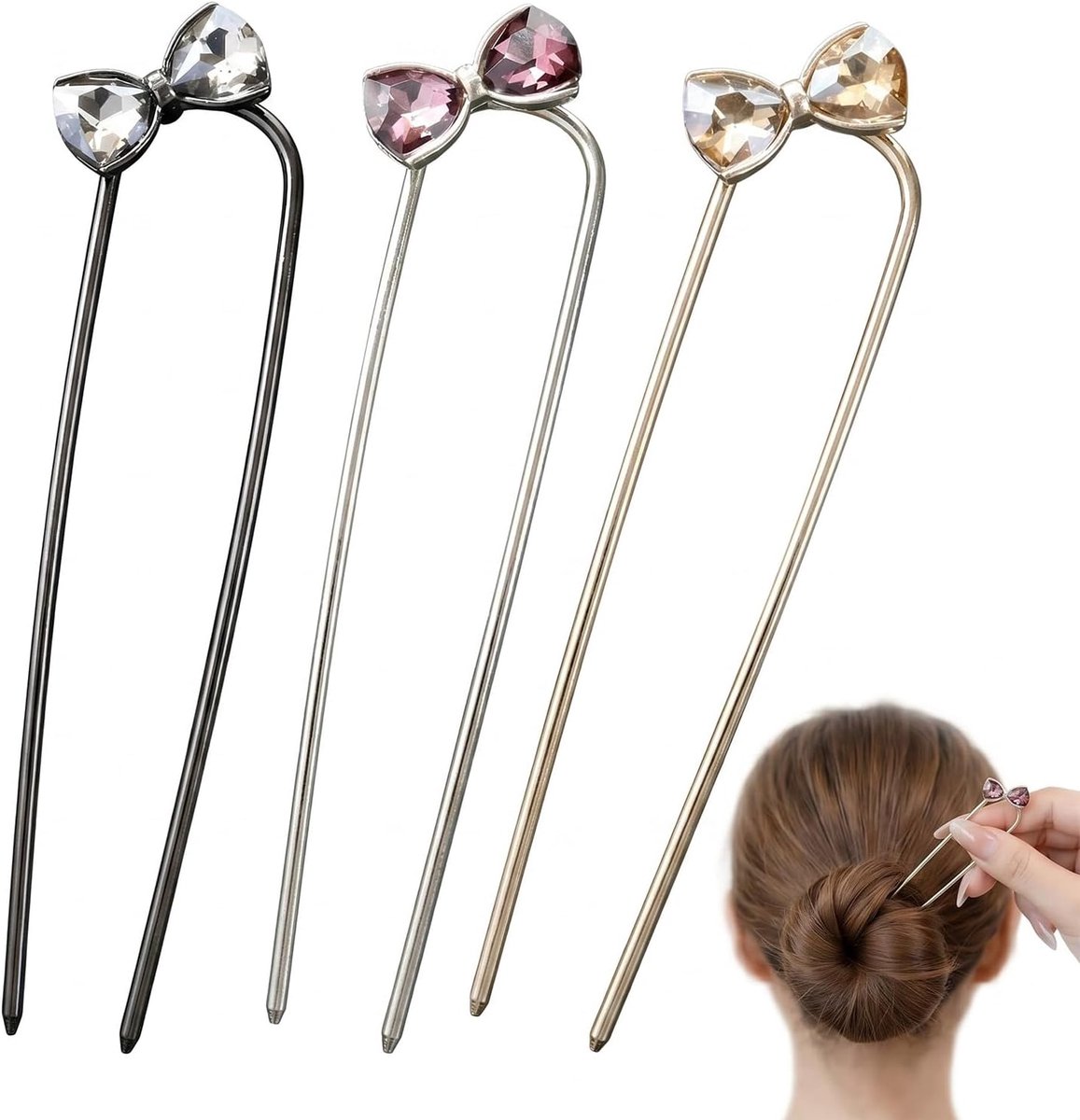 Haarspelden van metaal, 12,8 cm, met strik en kristallen, U-vormige haarspelden voor knot, opgestoken kapsels, accessoires voor vrouwen en meisjes, 3 kleuren