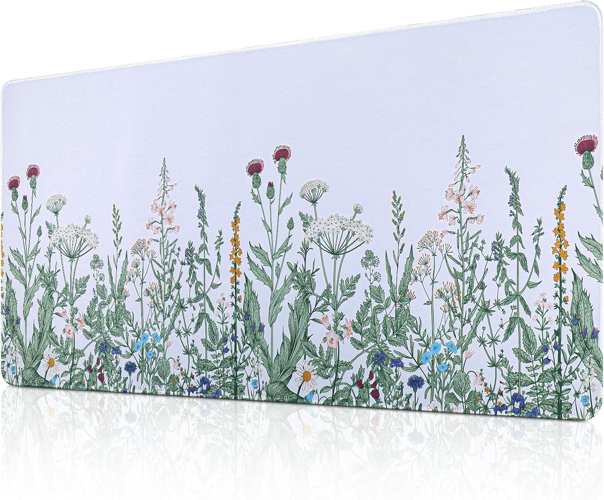 Muismat, 90 x 40 cm verlengde muismat voor gaming, waterdichte muismat met rubberen basis, muismat voor kantoor en thuis (stijl B bloemen)