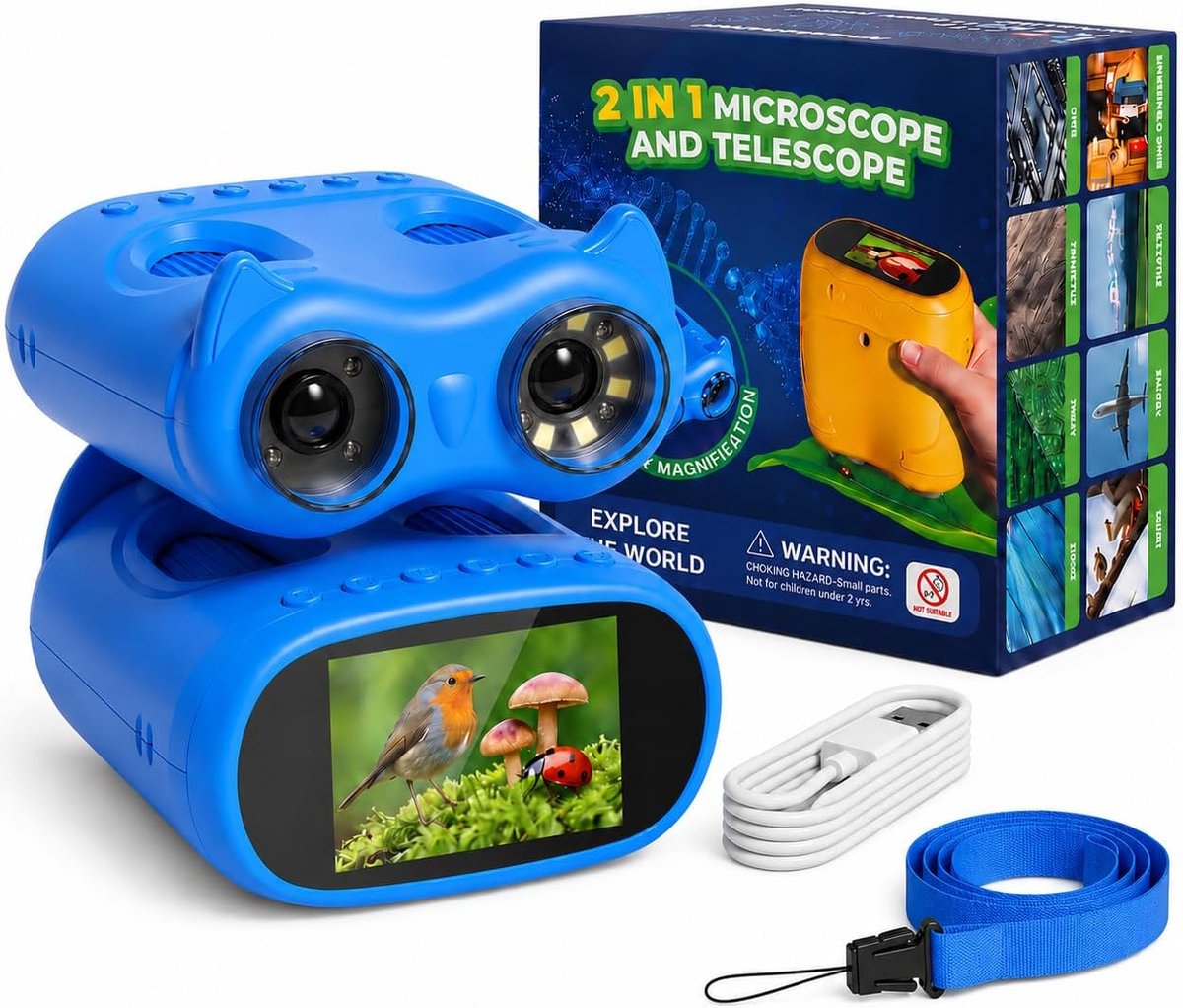 2-in-1 microscoop voor kinderen en verrekijker kinderen, 2,0 inch IPS HD microscoop, 1000x vergroting, telescoop met 8 leds, 1080p, natuurlijk outdoorspeelgoed voor meisjes en jongens