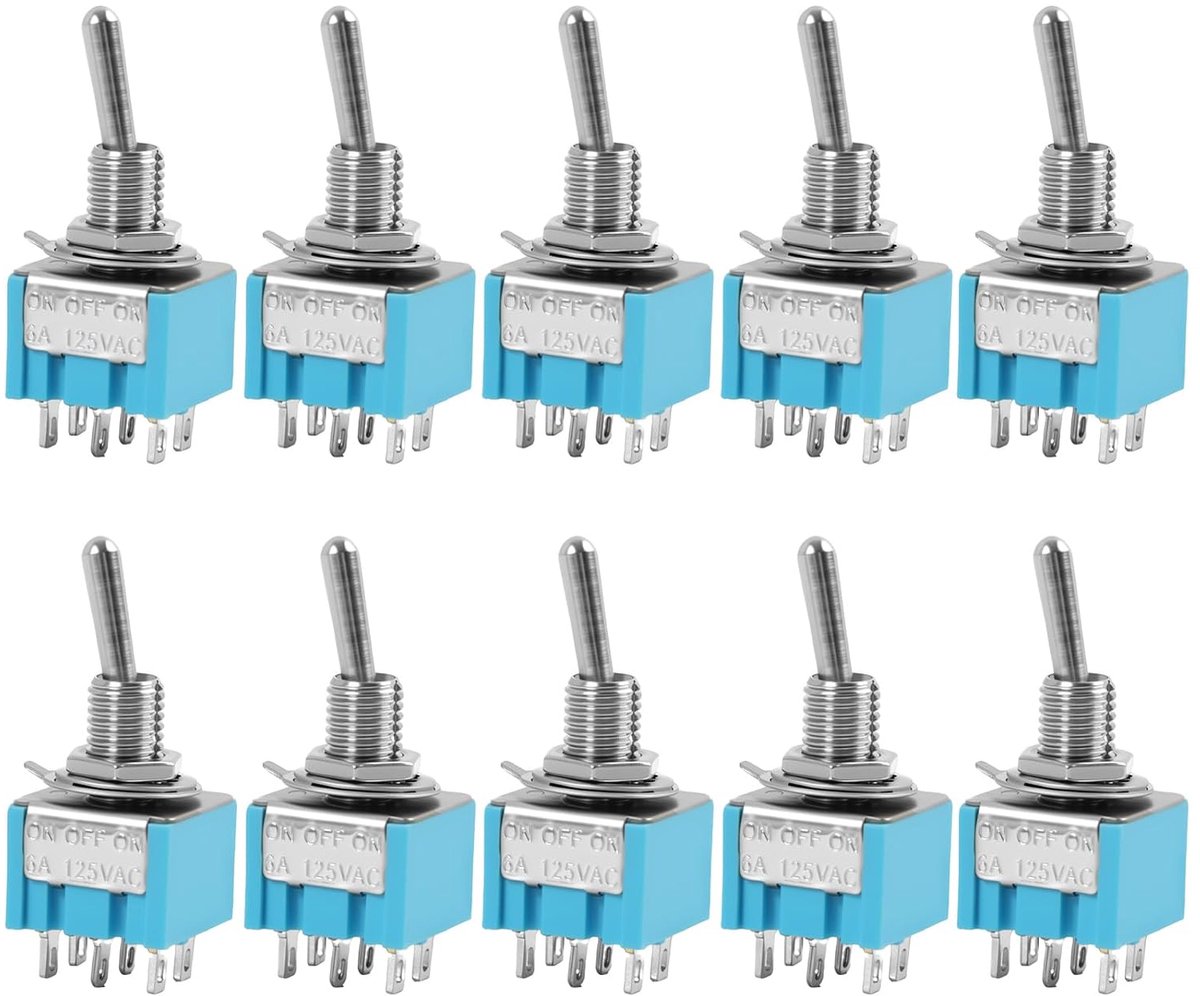 10 stuks mini-tuimelschakelaar, 6-polig, 3 posities, AC 250 V/3 A, montage 6 mm, zelfblokkerend ON-OFF-ON, voor auto-elektronica, instrumenten, uitrusting, speelgoed
