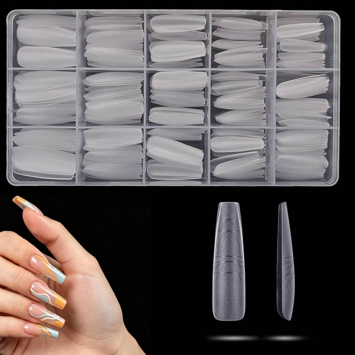 Nageltips 300 stuks, tips vor gelnagels, 15 maten Gel X nageltips met hulplijnen, Full Cover matte nageltip, Coffin kunstnagels voor nagelverlenging voor thuis, salon en DIY-manicure