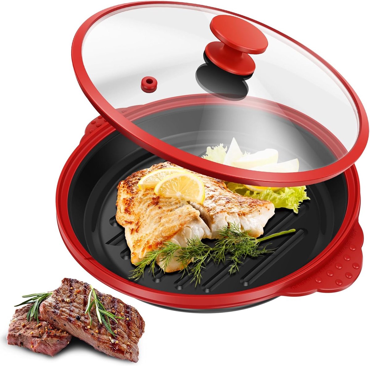 Magnetrongrillpan met deksel, veilige magnetrongrillpan met bescherming tegen verbranding en antiaanbaklaag, gelijkmatige warmteverdeling, magnetron crisper voor spek en kaas, vaatwasmachinebestendig