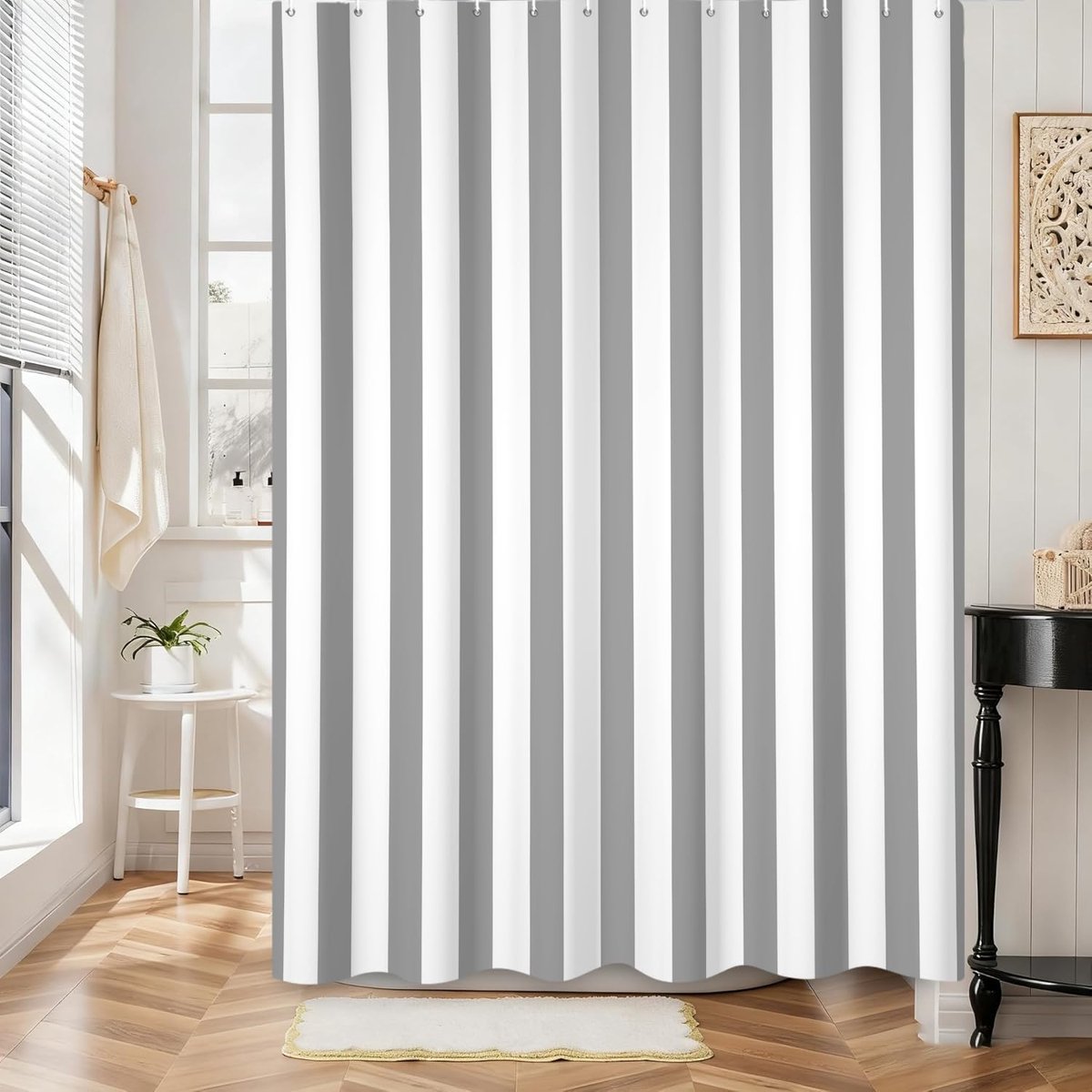 Gestreept douchegordijn, 90 x 180 cm, grijs en wit gestreept, vintage badgordijn, modern, abstract, minimalistisch, waterdicht, polyester, wasbaar, badgordijn met haken