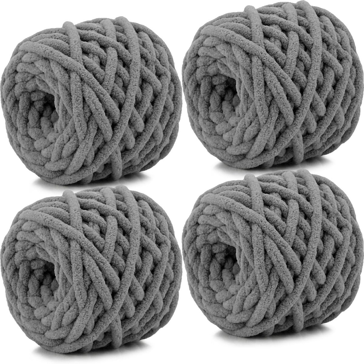 Chenillegaren, 4 x 100 g ballen, zachte pluizige veelkleurige pluche wol voor haken en breien, zacht, dik, grof garen, haakgaren voor dekens, hoeden, kussens (donkergrijs)
