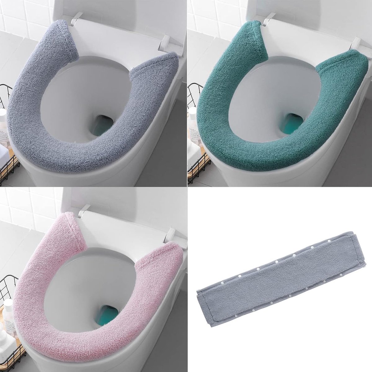 Driedelige set - toiletbrilhoes - warme toiletbrilhoes - toiletbrilkussen - zacht en comfortabel - met knoopjes - donkergrijs, donkergroen en paarsroze