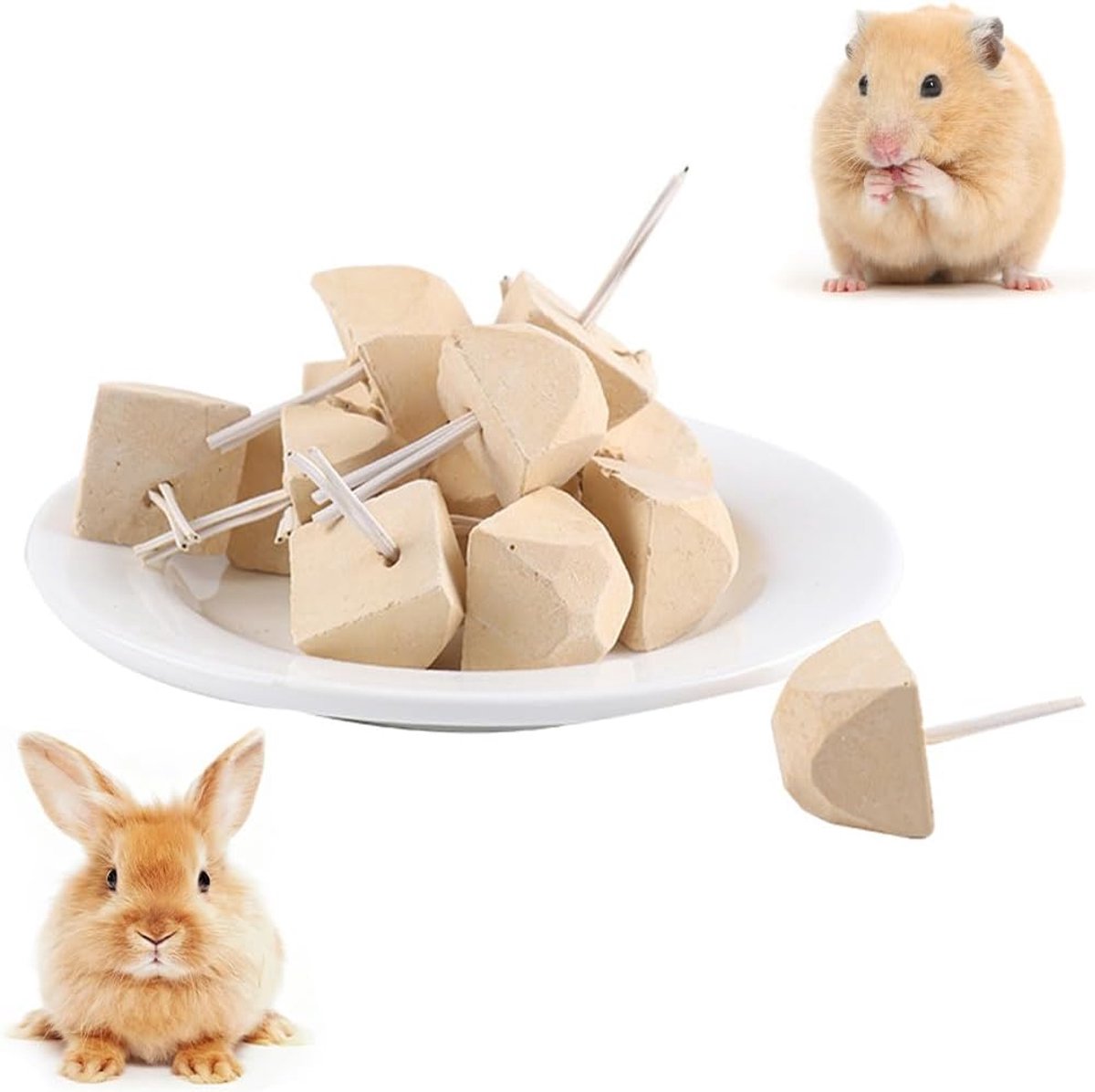 Knaagsteen voor hamsters en konijnen, gefacetteerde tandsteen met 10 varianten, kauwspeelgoed voor kleine dieren, kooiaccessoires en dagelijks gebruik