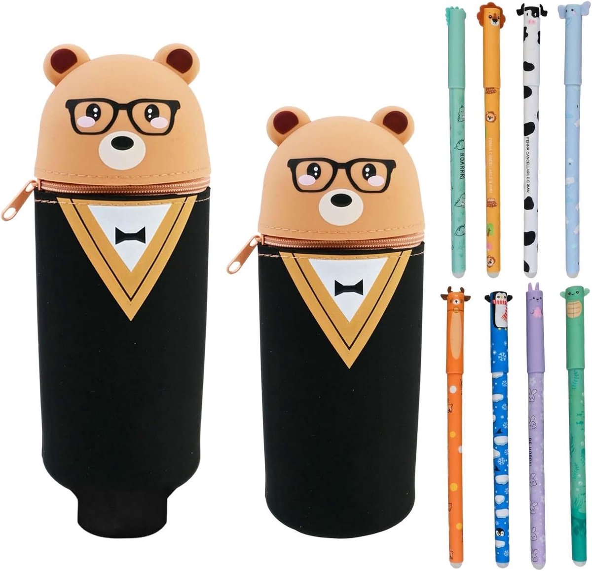 Pennenetui van zachte siliconen en 8 uitwisbare gelpennen, uitbreidbaar etui met dieren, 2-in-1, Kawaii-etui voor school