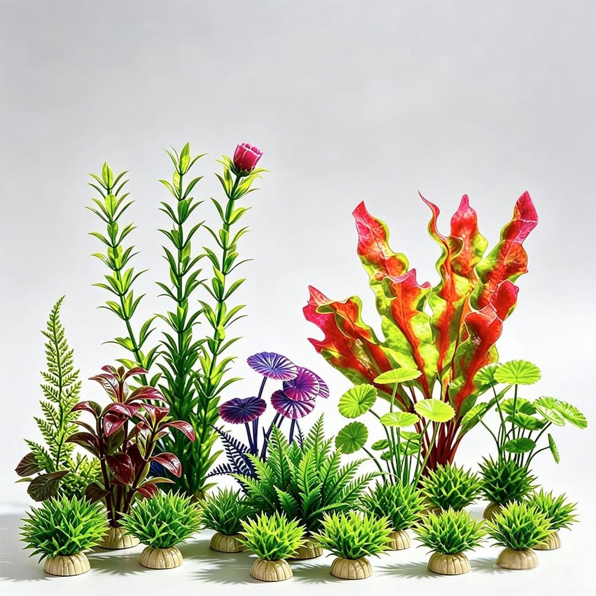 Decoratieplanten, 16 stuks aquariumdecoratie, groene kunstplanten voor aquaria, realistische schuilplaatsen in natuurlijke kleuren voor vissen