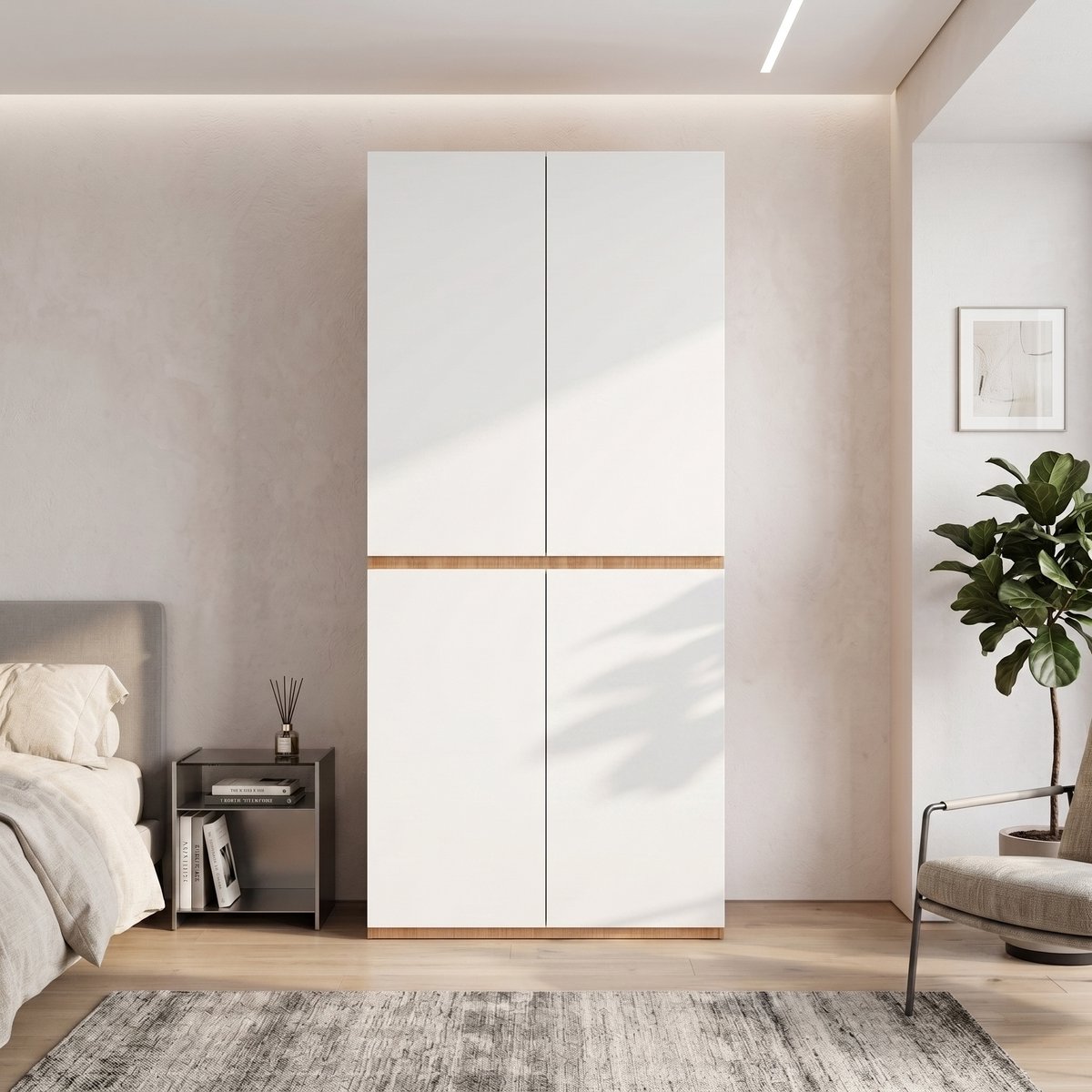 Zubaliya Kledingkast Garderobekast met Sieradenlade, 90 x 50 x 200 cm, met 4 Deuren, 1 Kledingroede en 2 Lades, moderne Hoge kast voor Slaapkamer, Hal, Kinderkamer of Kantoor, Eiken/Wit