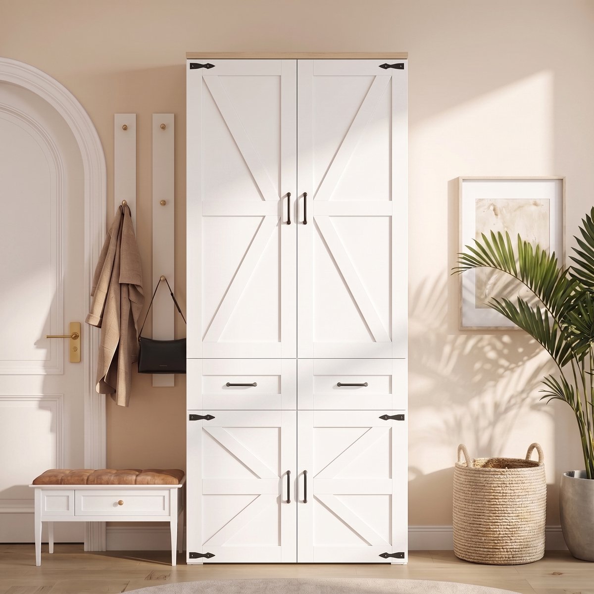 Zubaliya Kledingkast, Draaideurkast, 90 x 50 x 200 cm, Schuurdeur, met 4 Deuren, 2 Kledingroedes en 5 Lades, Landhuisstijl, voor Slaapkamer, Hal en Kinderkamer, Wit