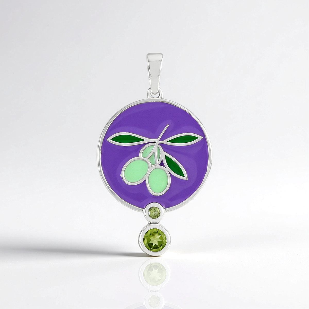 Cavill - Elegante Peridoot Hanger - 925 Sterling Zilver - 0,306 ct Ronde Peridoot Edelsteen - Olijftak Design met Email - Groene Peridoot Sieraad