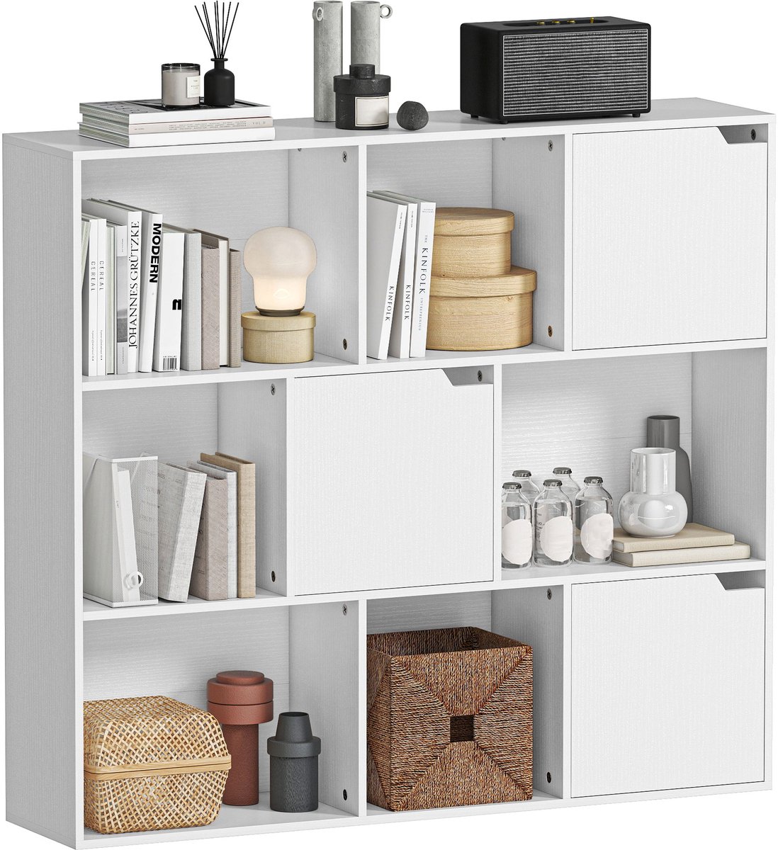 TEKROA® Boekenkasten - Kubusboekenkast - met 6 open en 3 gesloten vakken -106x24x95 cm - wit