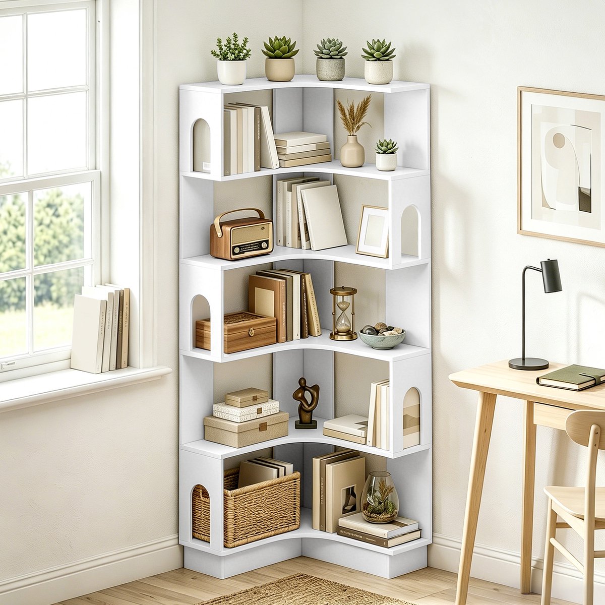 TEKROA® Boekenkasten - Hoekboekenkast - met 6 opbergplanken en gebogen zijpanelen - 60 x 60 x 165,5 cm -wit