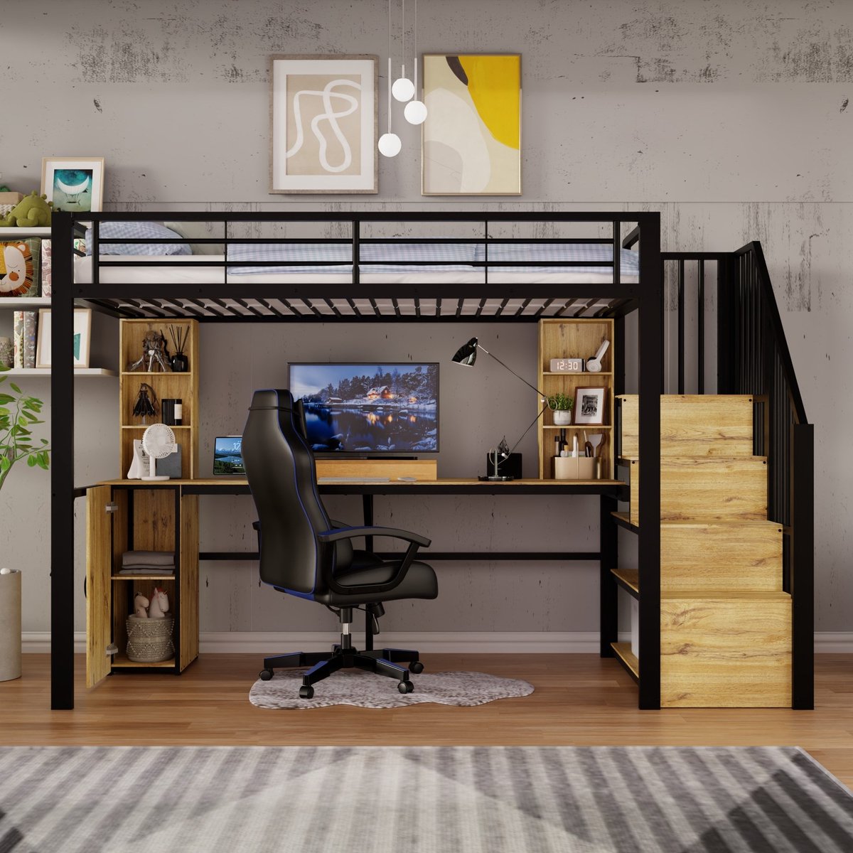 MODENUIT Hoogslaper – Bureau en Opbergruimte – 90 x 200 cm – Metaal en MDF – Zwart – Trap met USB-poort – Zonder Matras