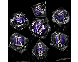 Joya Dice® Polydice Dobbelsteen Set geschikt voor rollenspellen zoals Dungeons and Dragons D&D DnD | Dobbelstenen Set | Dice Set | Liquid Core Resin Dice 7 Stuks Set | Bewegend Paars Fantasy Oog | Arcane Violet Eye