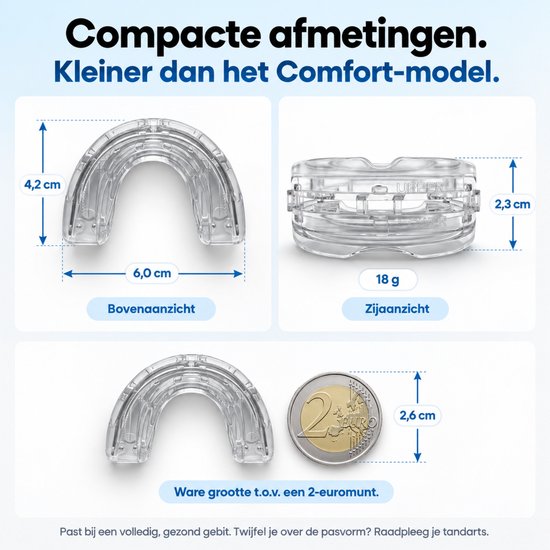 Afmetingen van de snurkbeugel Max vergeleken met een 2-euromunt.