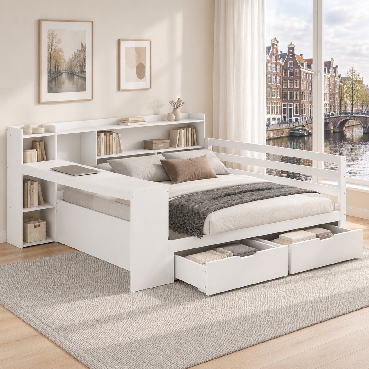 WUVRIE Slaapbank 140x200 cm met bureau, boekenkast, 2 lades en stopcontact, wit