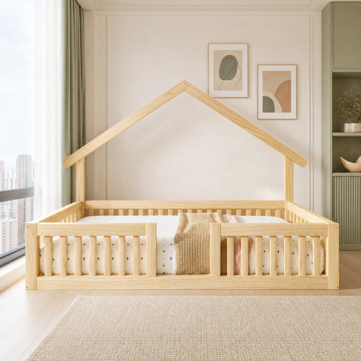 REDOM Kinderbed - Huisbed met uitvalbeveiliging - LED-lichtslinger met schakelaar - Laag model - MDF en grenenhout - Kinderkamer - Naturel - 90 x 200 cm