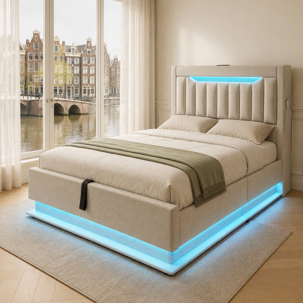 WUVRIE Gestoffeerd eenpersoonsbed 90x200 cm met LED, USB, Type-C, hydraulische opbergruimte en matras, beige