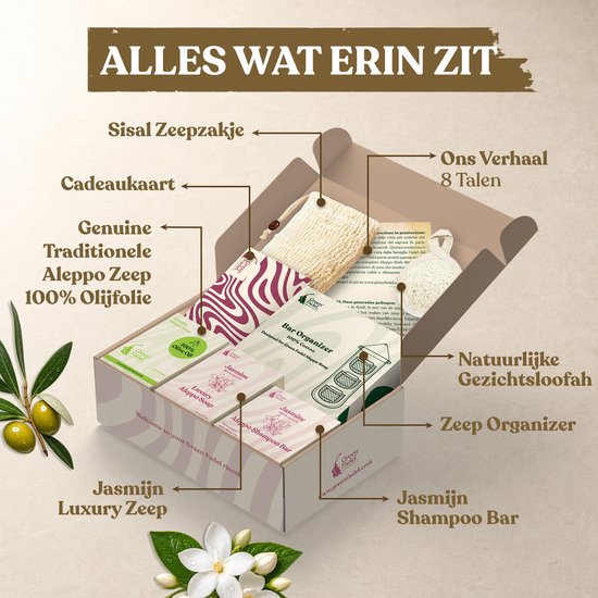 Een open geschenkdoos met zeep, zeep organizer, washandschoen, kaart en zeep.