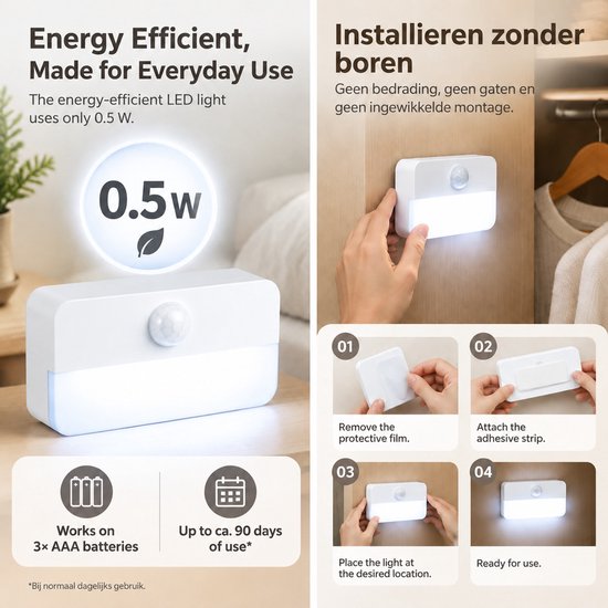 LED Trapverlichting met Bewegingssensor - 6 Stuks Draadloze Nachtlampjes op Batterij - Wit 6500K - Automatische Sensorlamp voor Kast, Gang, Slaapkamer en Badkamer — afbeelding 2