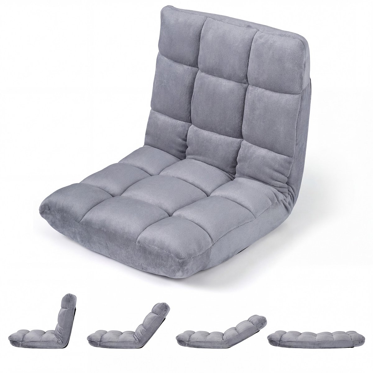 Costway Verstelbare Vloerstoel van Flanel - Gevoerde Meditatiestoel - Opvouwbaar Bodemkussen - Relaxstoel - 98 x 49 x 13 cm Grijs
