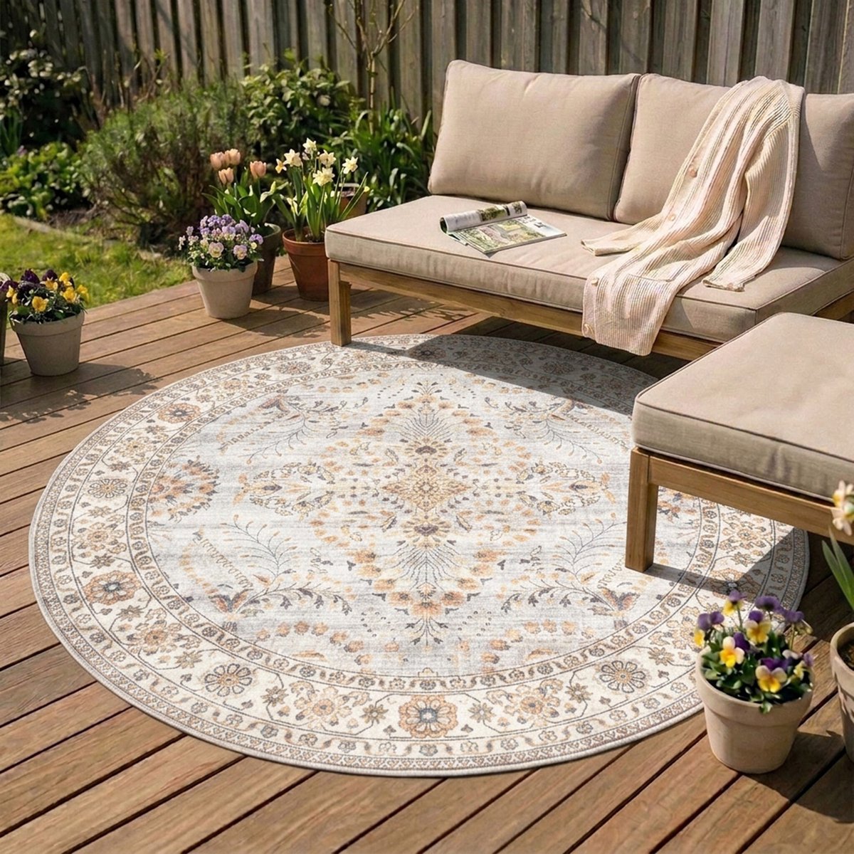 FRAAI Rond vintage buitenkleed - Santo Flora Lichtgrijs - Ø 200cm