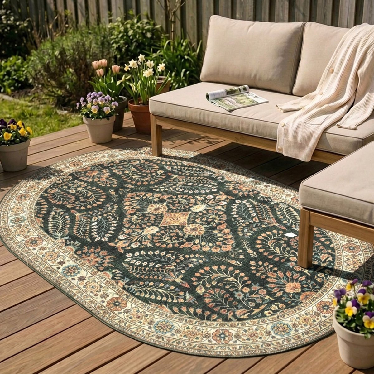 FRAAI Ovaal vintage buitenkleed - Santo Flora Donkergroen - 200x290cm