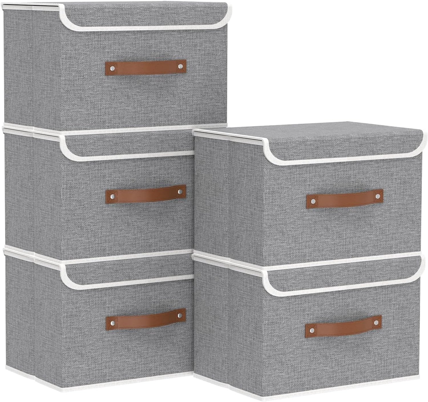 5-Delige Opbergdozen met Deksel, Opvouwbare Stoffen Boxen, Wasbaar, voor Slaapkamer, Kleding Opbergen, 38x25x25cm, Grijs, SNK018GY-5