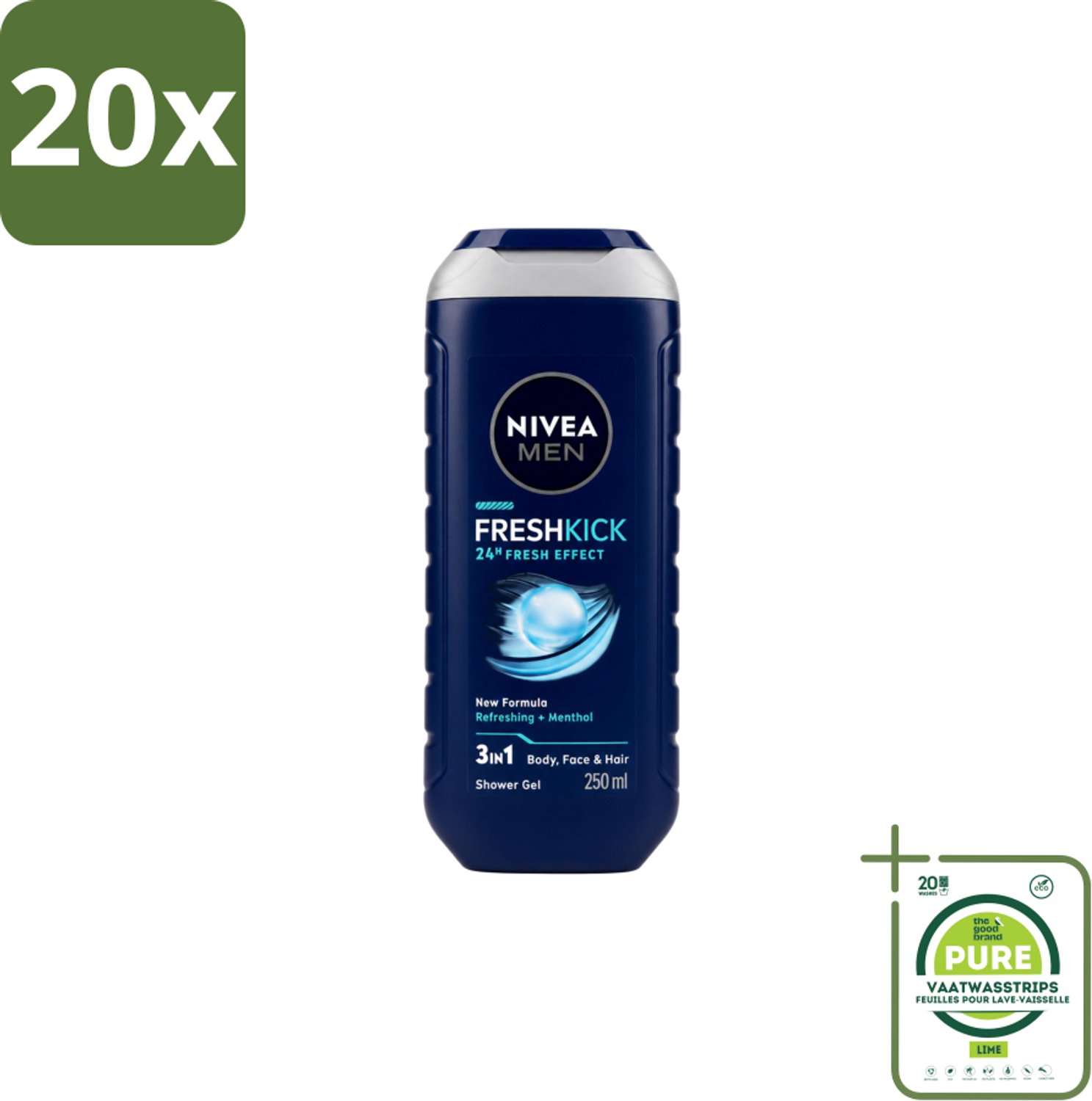 20 x Nivea Men – Douchegel – Fresh Kick – 250 ml - Grootverpakking - Vaatwasstrips - Douchegel - Verfrissend - Munt - Lichaam - Gezicht