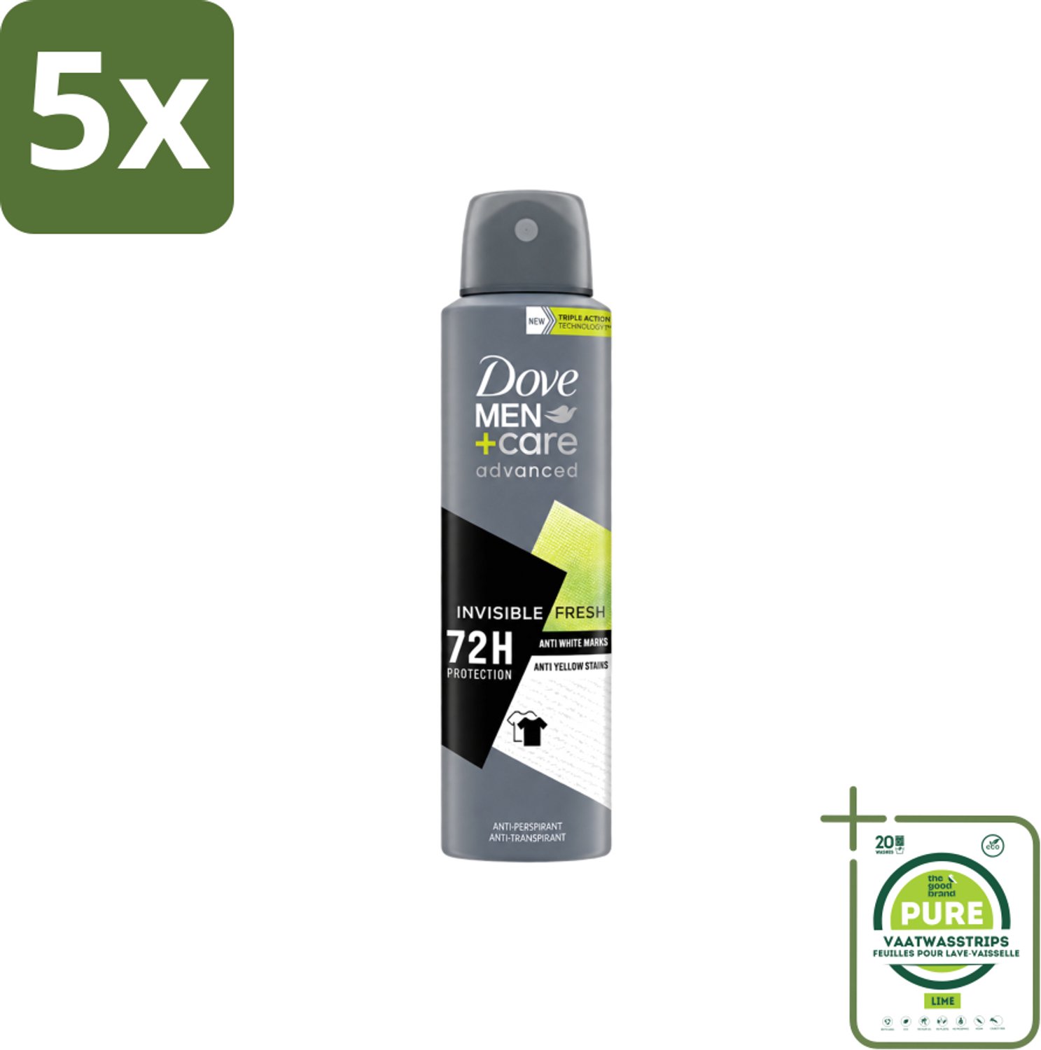 5 x Dove Men+Care – Deodorant Spray – Advanced Invisible Fresh – 150 ml - Grootverpakking - Vaatwasstrips - Deodorant Spray Voor Mannen - Frisheid Oksels - Geur Tegen Zweet - Zweetgeur Bestrijding - Verzorging Oksels