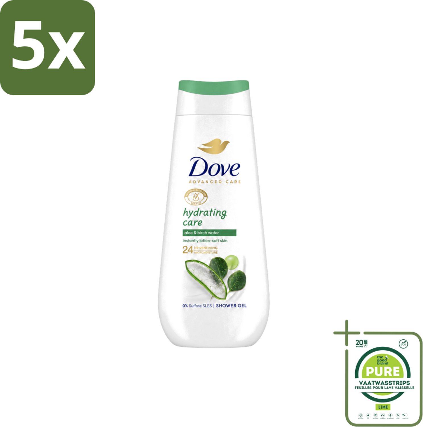 5 x Dove – Douchecrème – Hydrating Care – 225 ml - Grootverpakking - Vaatwasstrips - Douchecrème - Hydratatie - Droge Huid - Mild Douchen - Aloë Vera