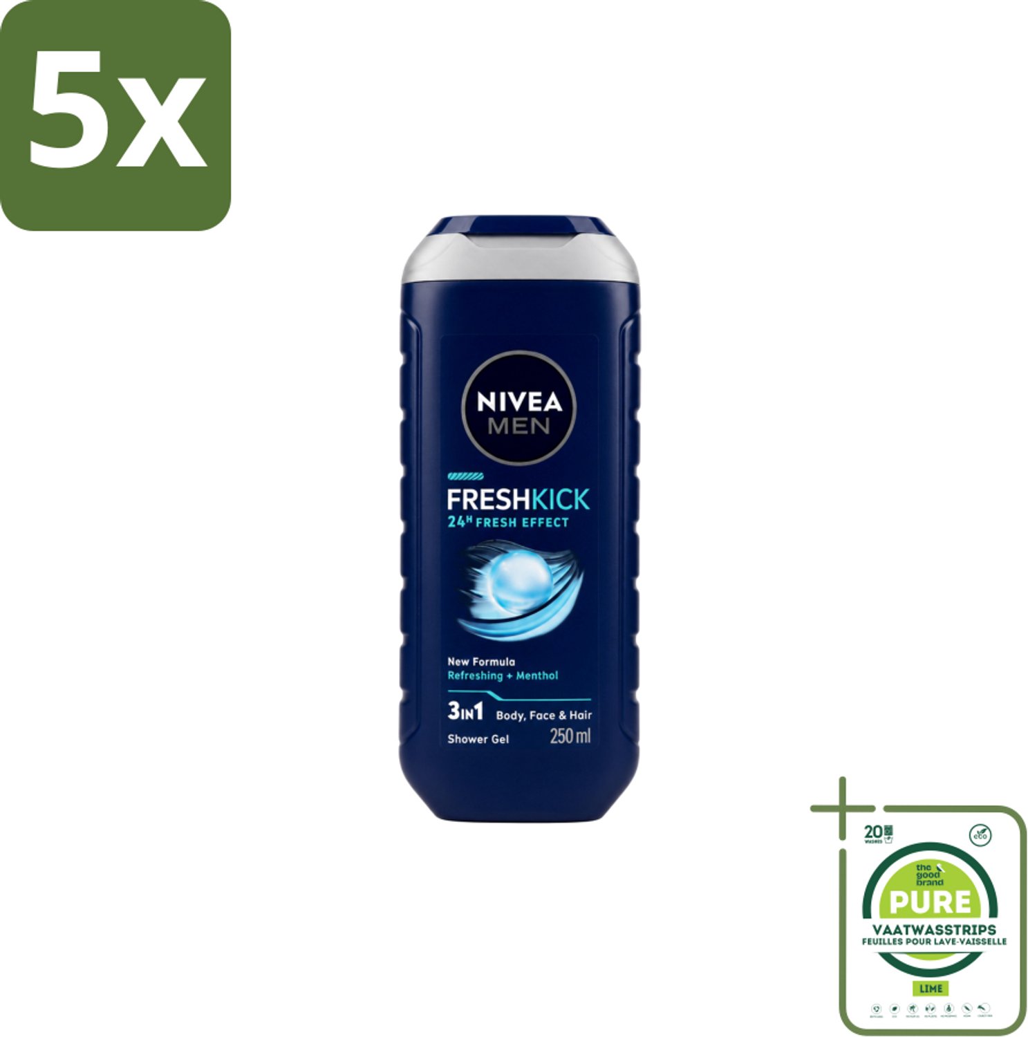 5 x Nivea Men – Douchegel – Fresh Kick – 250 ml - Grootverpakking - Vaatwasstrips - Douchegel - Verfrissend - Munt - Lichaam - Gezicht