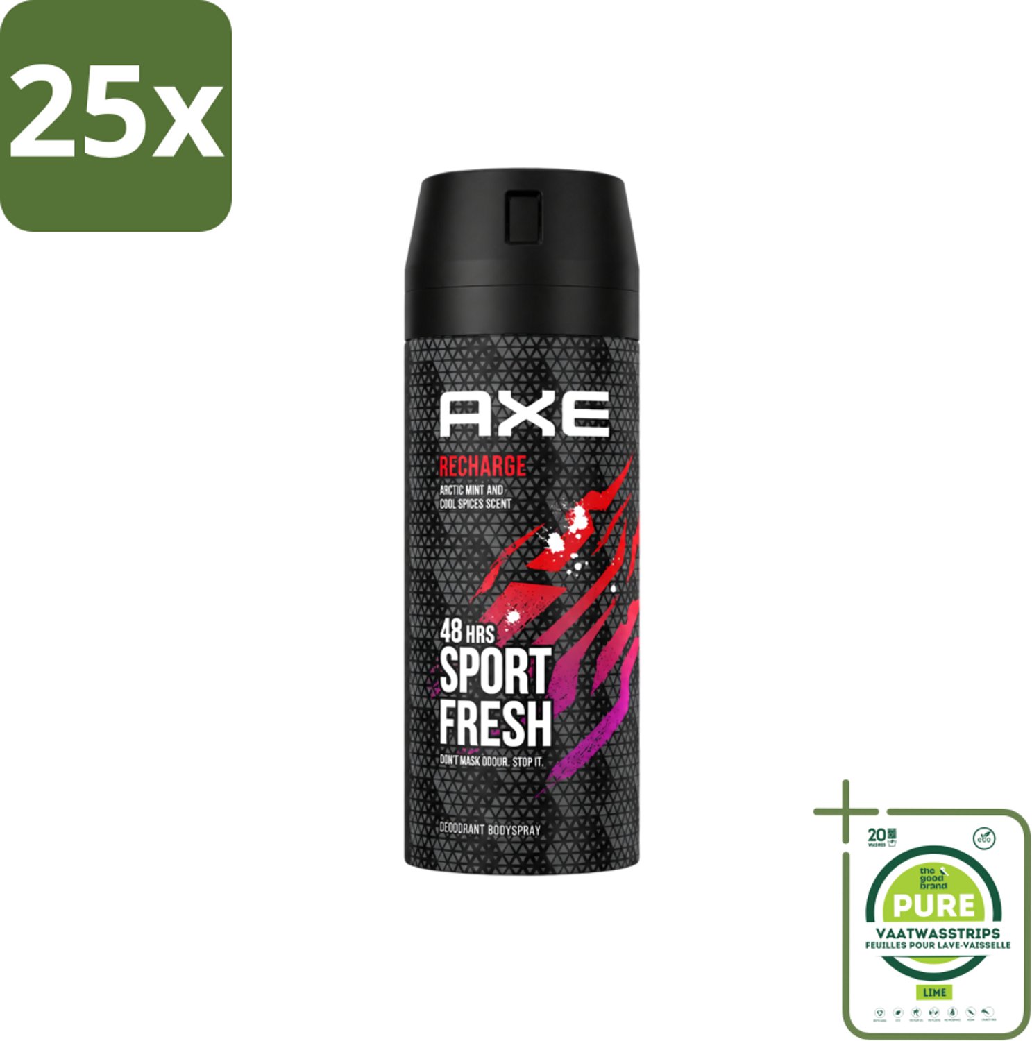 25 x Axe - Deodorant Bodyspray - 48hrs Sport Fresh - Recharge - Arctic Mint & Cool Spices - 150 ml - Grootverpakking - Vaatwasstrips - Deodorant - Bodyspray - Sport Fresh - Axe - Geur