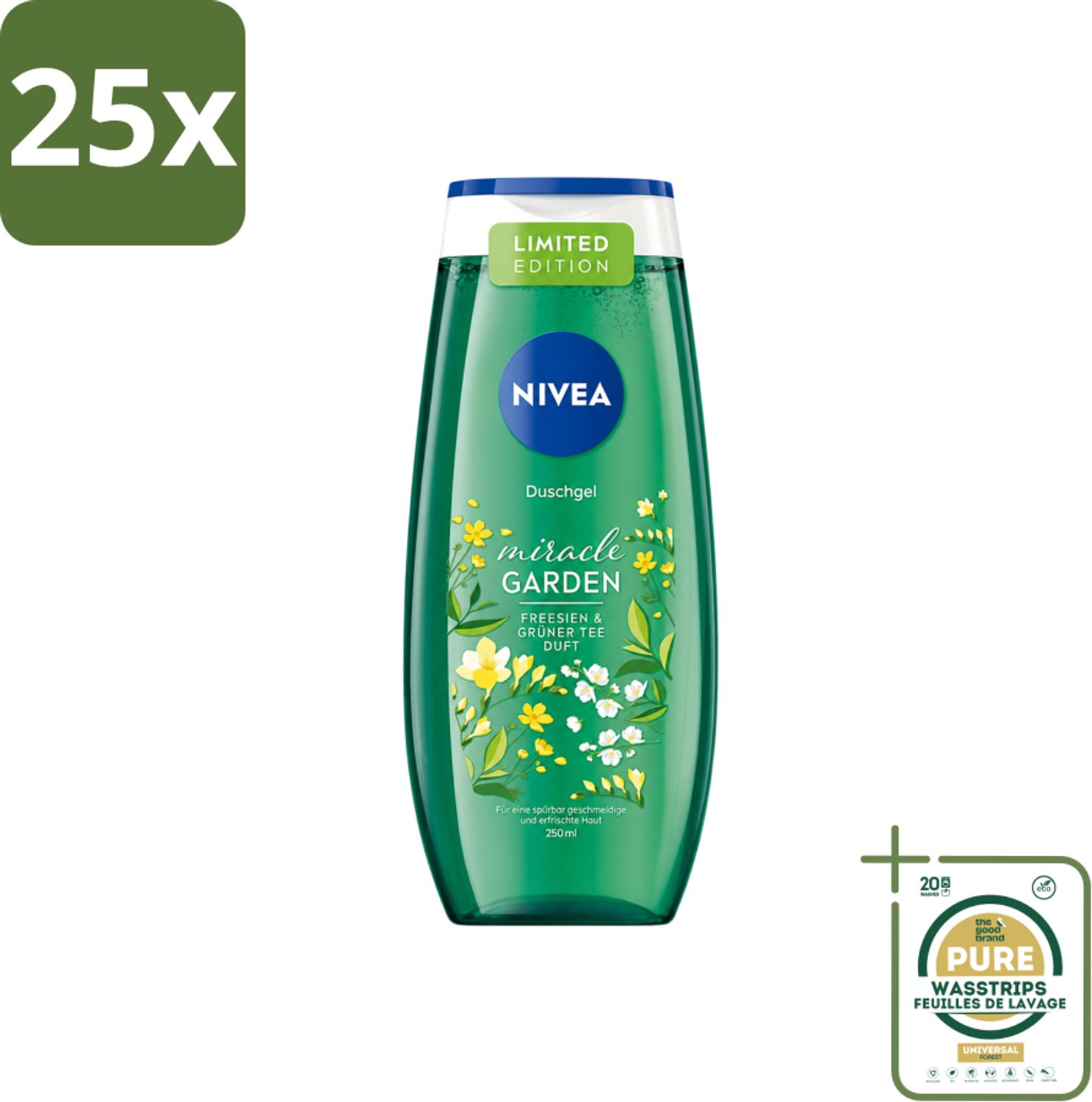 25 x Nivea - Douchegel - Freesia & Groene Thee - 250 ml - Wasstrips - Douchegel Freesia Groene Thee - Douchegel Voor Huidverzorging - Frisse Geur Douchegel - Hydraterende Douchegel - PH-huidneutraal