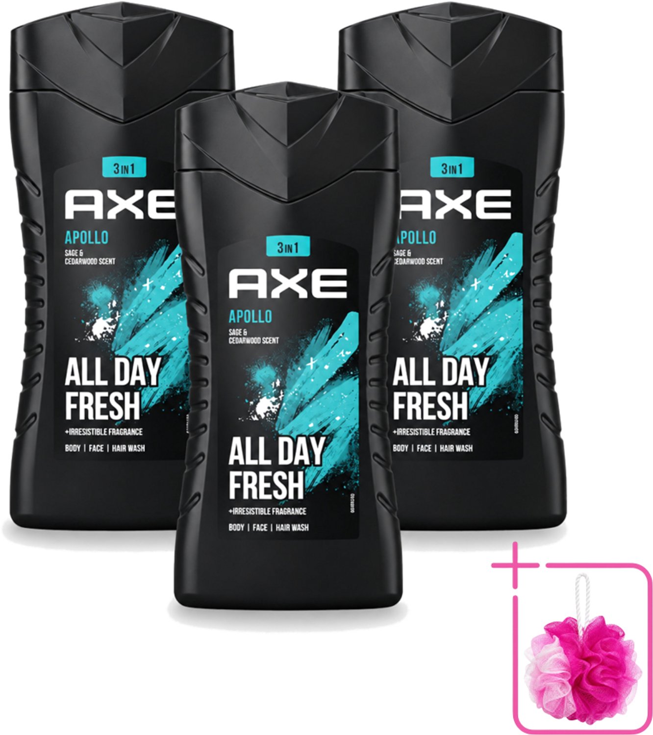3 x Axe - 3-in-1 Douchegel - Apollo - Sage & Cedarwood - 250 ml - Bulkverpakking - Douchegel - Douchemop - Mannelijke geur