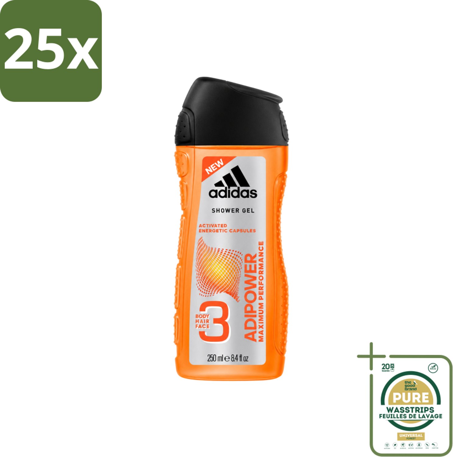 25 x Adidas - 3-in-1 Douchegel - Adipower Maximum Performance -250 ml - Wasstrips - Douchegel - Douche En Shampoo - Sportverzorging - Energie En Frisheid - Verzorgende Douche