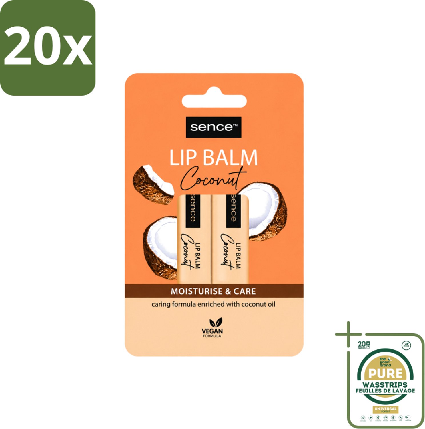 20 x Sence - Moisturise & Care - Lippenbalsem Duo - Verzorgend - 2 x 4,3 g - Wasstrips - Lippenbalsem - Kokos - Lippenverzorging - Hydraatatie - Droge Lippen