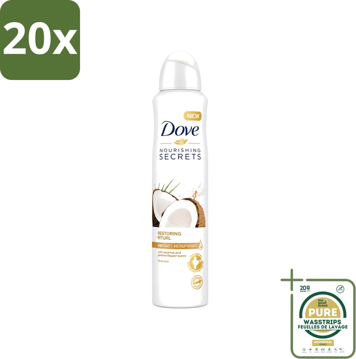 20 x Dove - Deodorant - Coconut & Jasmine Flower - Tropisch en verzorgend - 250 ml - Wasstrips - Dove Deodorant - Kokos En Jasmijn - Anti-transpirant Spray - Verzorgende Deodorant - Geur Van Kokos En Jasmijn