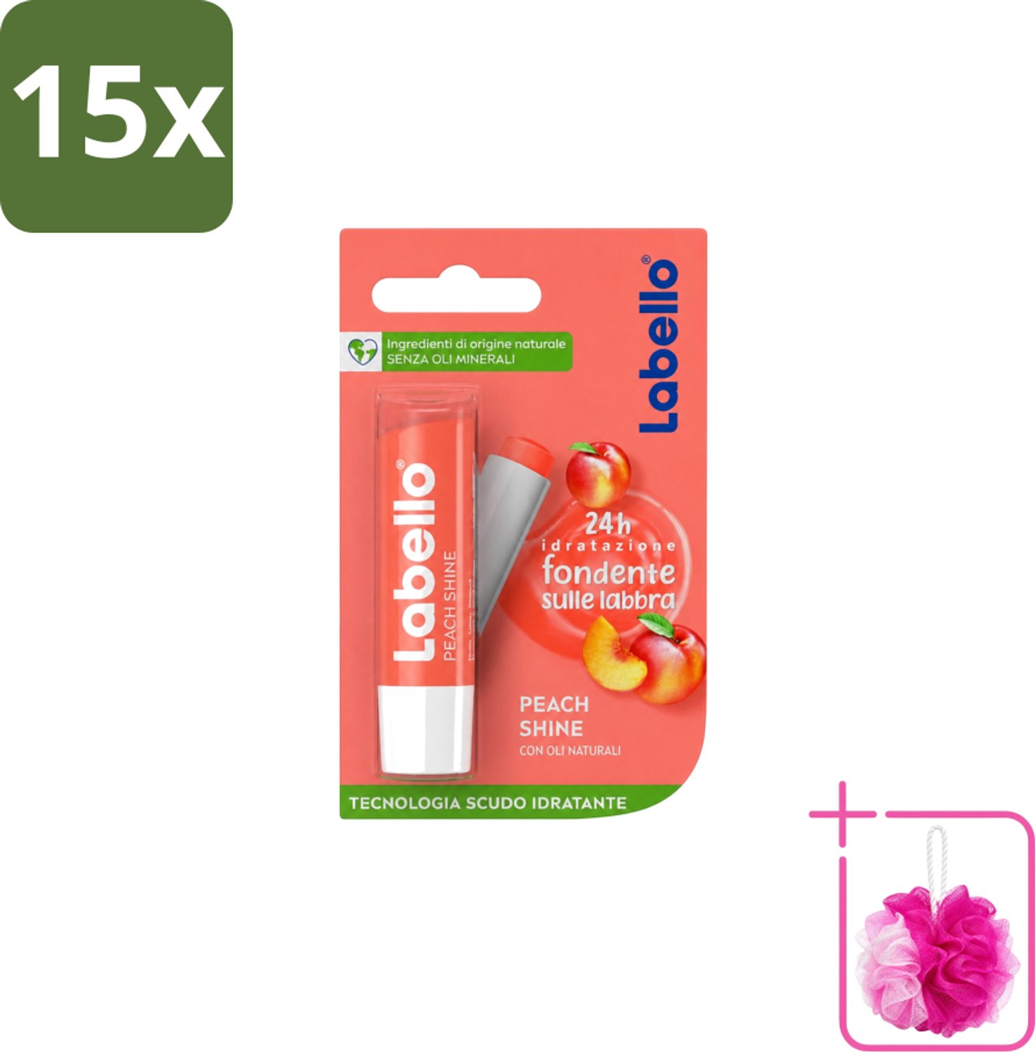 15 x Labello – Lippenbalsem – Fruity Peach Shine – Vegan - Bulkverpakking - Lippenbalsem - Douchemop - Vegan lippenbalsem