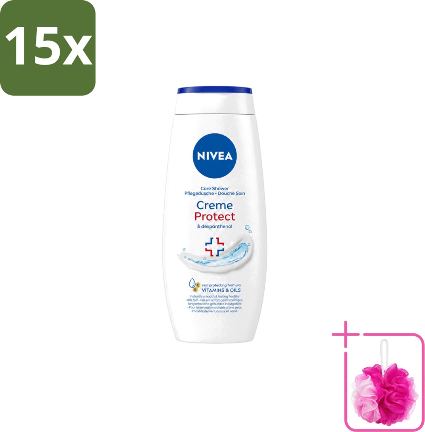 15 x Nivea – Douchecrème – Protect – 250 ml - Bulkverpakking - Douchecrème - Douchemop - Huidverzorging