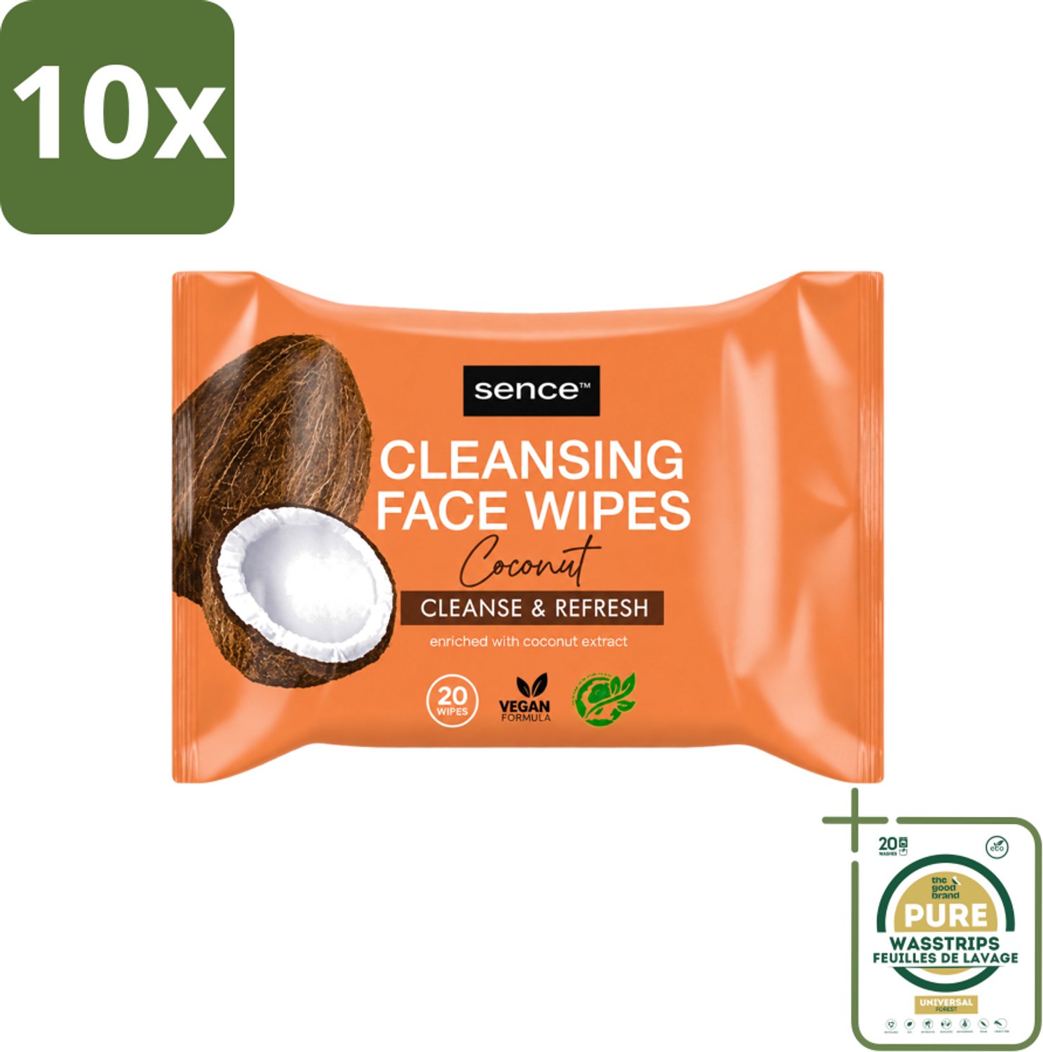 10 x Sence - Coconut - Gezichtsreinigingsdoekjes - Verzorgend - 20 Doekjes - Wasstrips - Gezichtsreinigingsdoekjes - Kokos - Huidverzorging - Make-up Verwijderen - Hydrateren