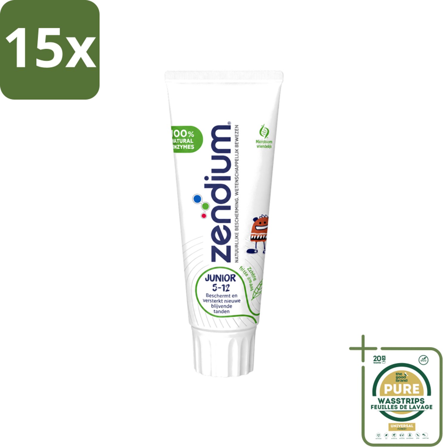 15 x Zendium - Junior 5-12 Jaar - Tandpasta - Natuurlijke Enzymen - 75 ml - Wasstrips - Tandpasta Voor Kinderen - Melktanden Beschermen - Volwassen Tanden Beschermen - Natuurlijke Enzymen - SLS-vrij