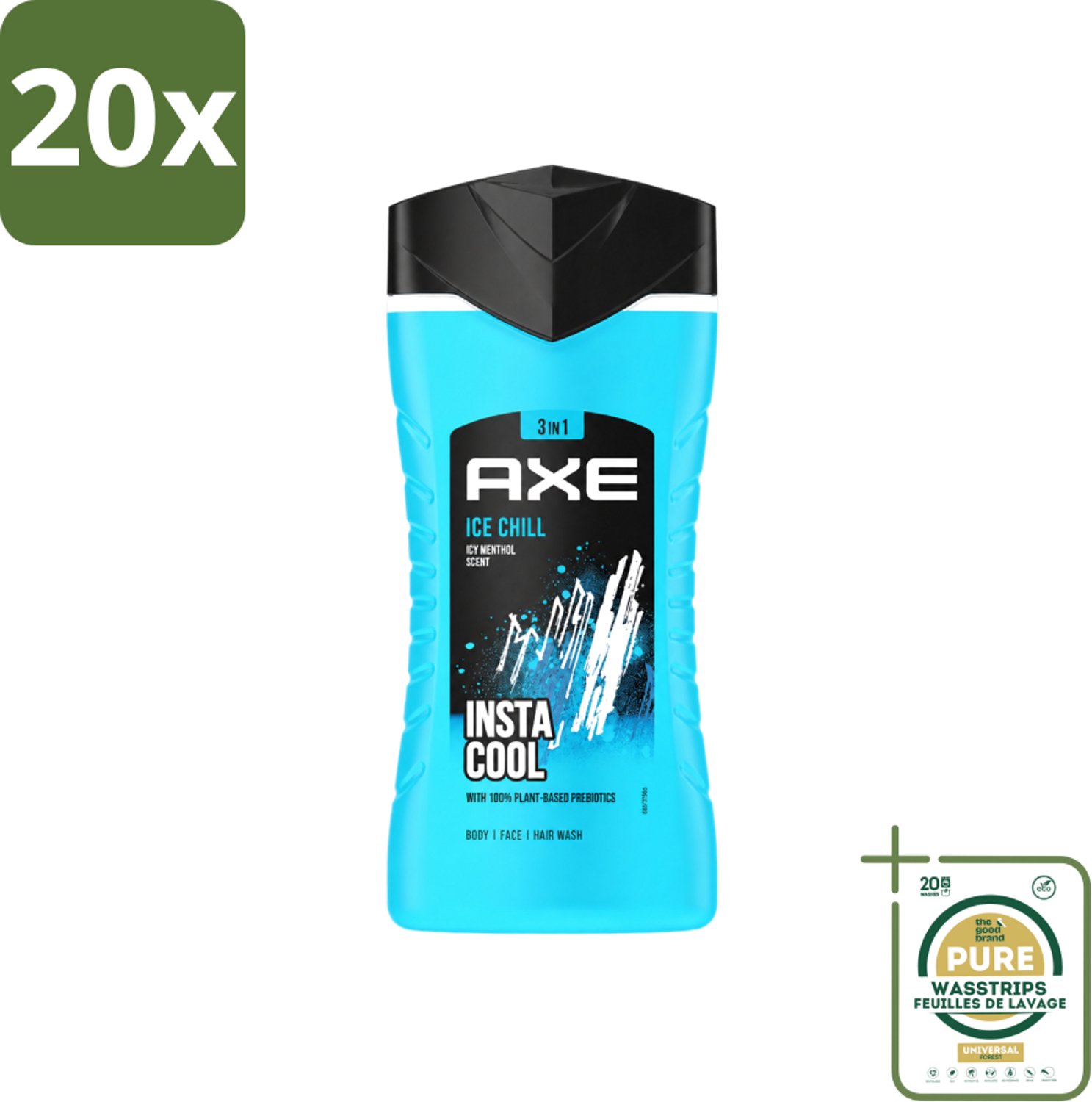 20 x Axe - 3-in-1 Douchegel - Ice Chill - Icy Menthol - Insta Cool - 100% Plantaardig - 150 ml - Wasstrips - 3-in-1 Douchegel - Douchegel Menthol - Douchegel Bevroren Munt - Douchegel Voor Gezicht En Haar - Douchegel 12 Uur Geur