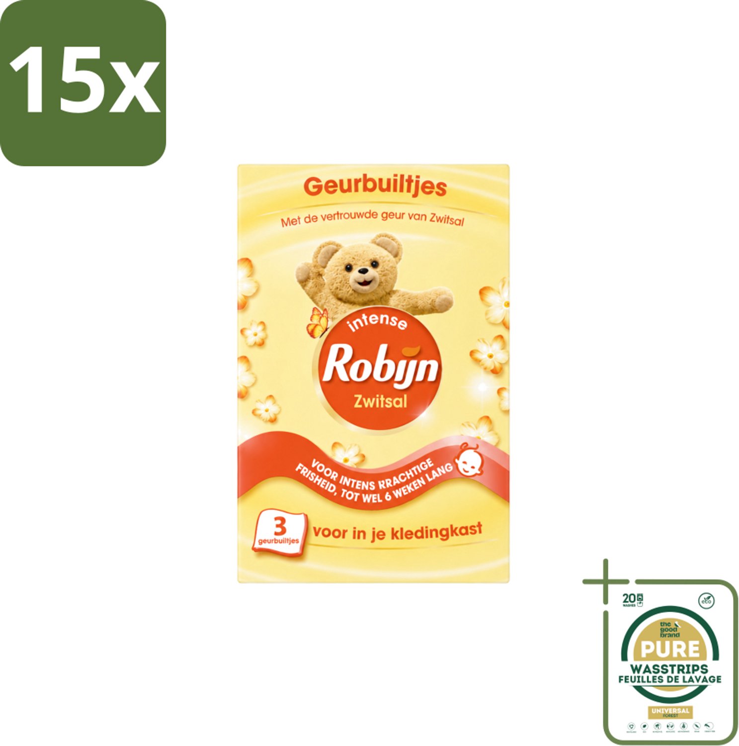15 x Robijn - Zwitsal - Geurbuiltjes - Zachte Babygeur - Hypoallergeen - 3 Geurbuiltjes - Wasstrips - Zwitsal Geur - Geurbuiltjes - Babygeur - Kastgeur - Ladegeur