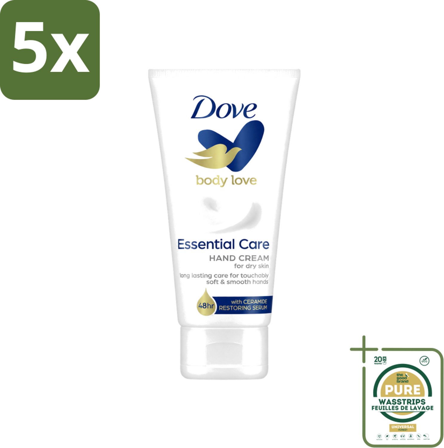 5 x Dove - Handcrème - Body Love Essential Care - Hydraterend - Droge huid - 75 g - Wasstrips - Handcrème - Droge Huid - Hydraterende Crème - Huidbarrière - Handverzorging