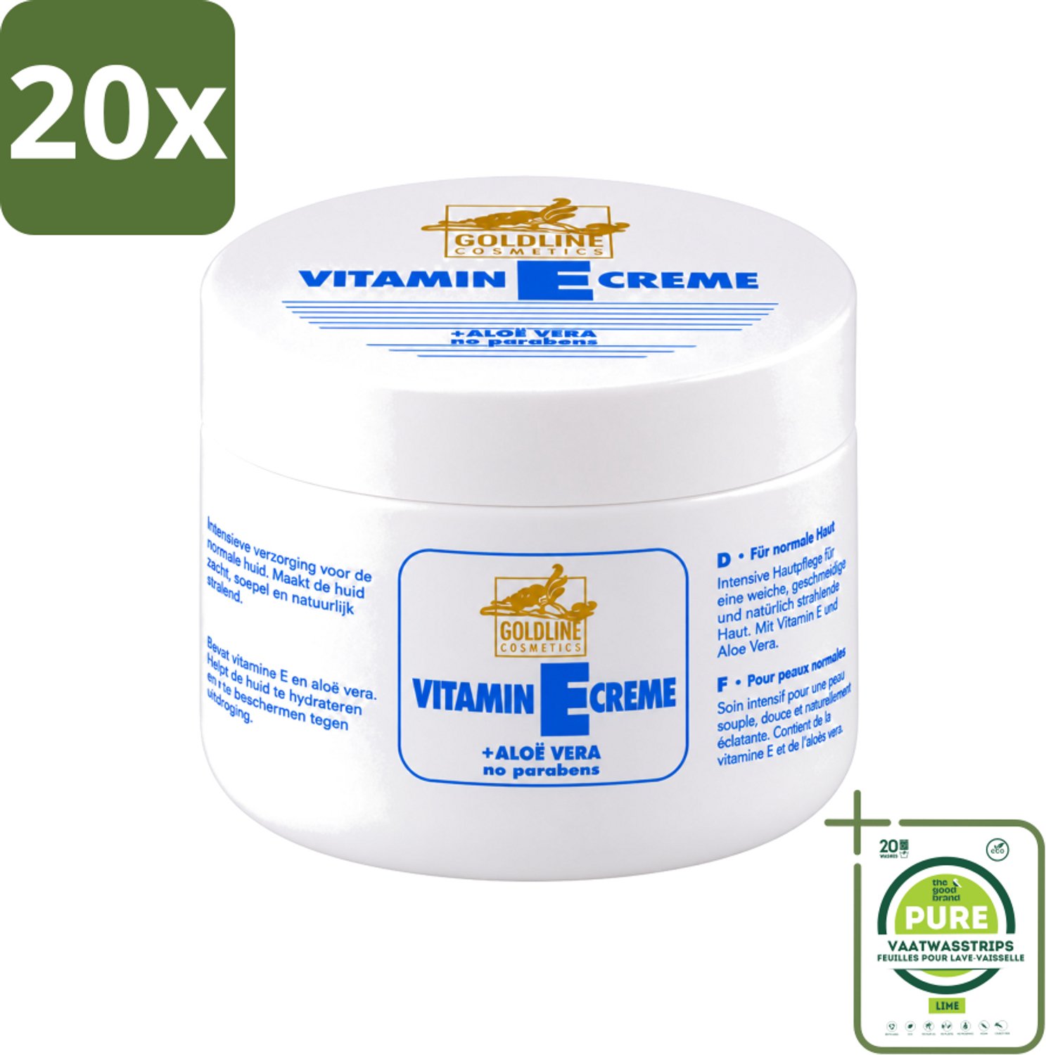 20 x Goldline - Bodycrème - Vitamine-E & Aloë Vera - Normale Huid - Hydraterend - 250 ml - Grootverpakking - Vaatwasstrips - Bodycrème - Vitamine E - Aloë Vera - Hydraterende Crème - Huid Verzorging